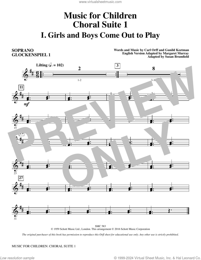 Music for Children (arr. Susan Brumfield) sheet music for orchestra/band (soprano glockenspiel 1) by Carl Orff and Susan Brumfield, intermediate skill level