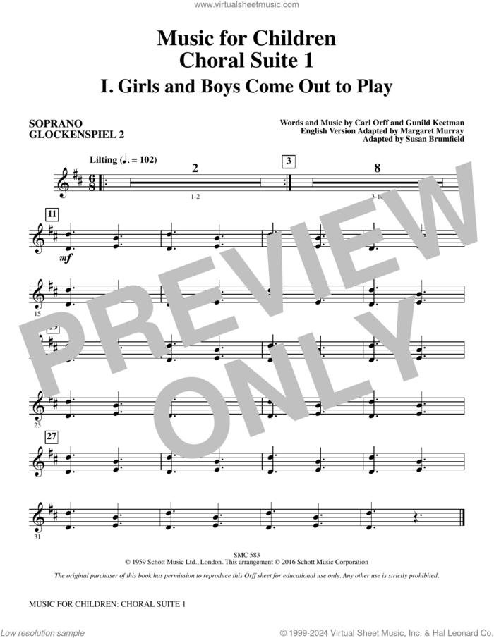 Music for Children (arr. Susan Brumfield) sheet music for orchestra/band (soprano glockenspiel 2) by Carl Orff and Susan Brumfield, intermediate skill level