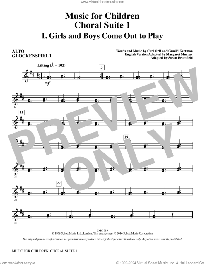 Music for Children (arr. Susan Brumfield) sheet music for orchestra/band (alto glockenspiel 1) by Carl Orff and Susan Brumfield, intermediate skill level