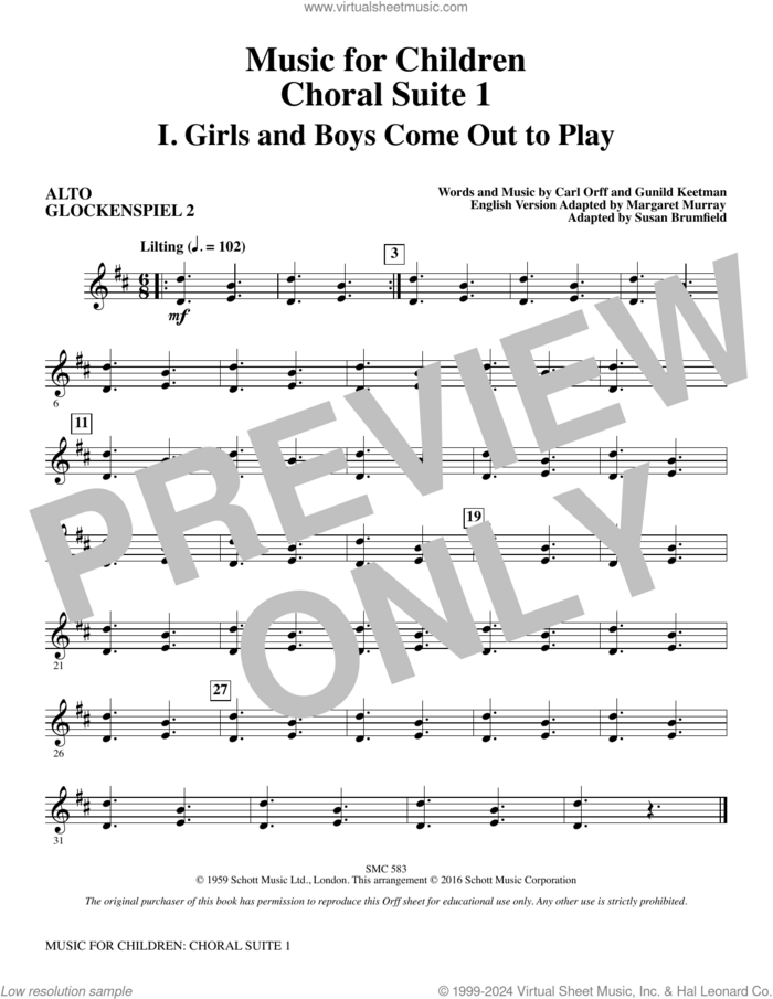 Music for Children (arr. Susan Brumfield) sheet music for orchestra/band (alto glockenspiel 2) by Carl Orff and Susan Brumfield, intermediate skill level
