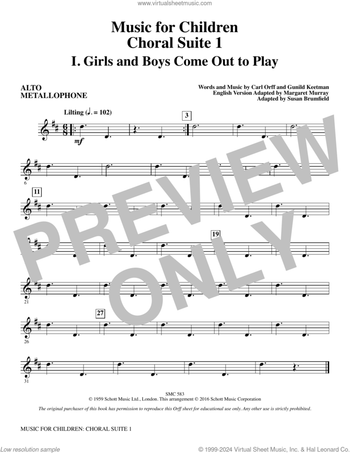 Music for Children (arr. Susan Brumfield) sheet music for orchestra/band (alto metallophone) by Carl Orff and Susan Brumfield, intermediate skill level