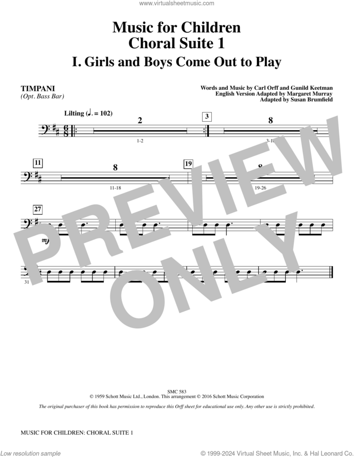 Music for Children (arr. Susan Brumfield) sheet music for orchestra/band (timpani) by Carl Orff and Susan Brumfield, intermediate skill level