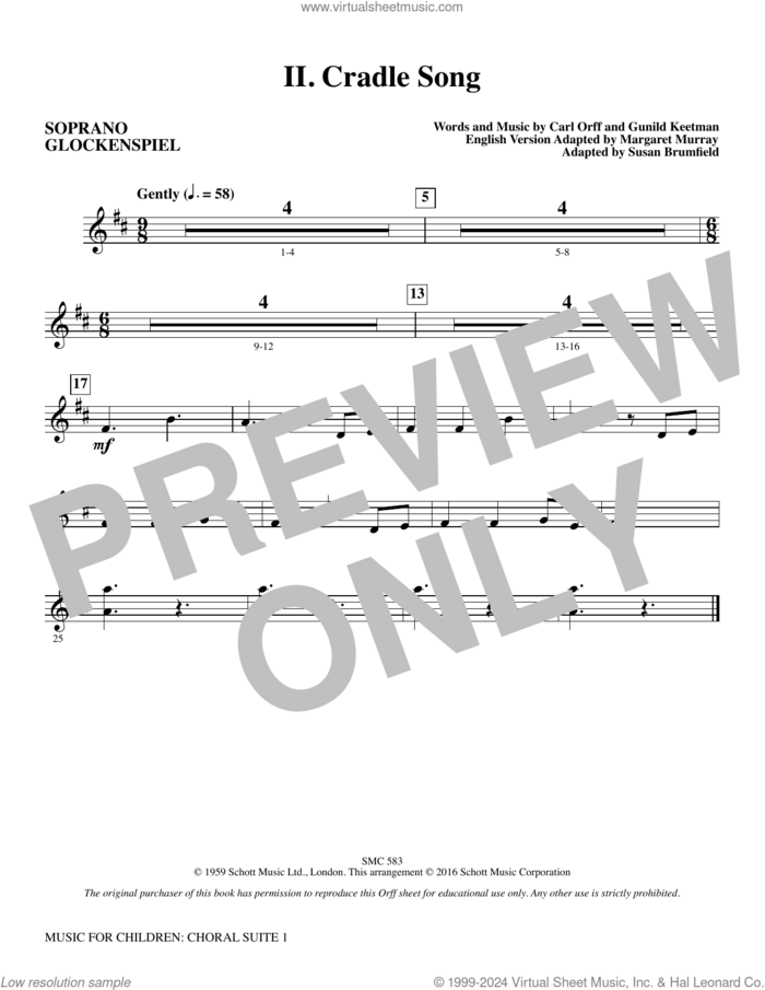 Music for Children (arr. Susan Brumfield) sheet music for orchestra/band (soprano glockenspiel) by Carl Orff and Susan Brumfield, intermediate skill level