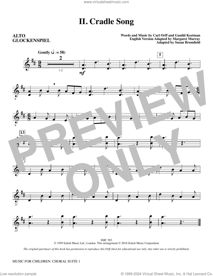 Music for Children (arr. Susan Brumfield) sheet music for orchestra/band (alto glockenspiel) by Carl Orff and Susan Brumfield, intermediate skill level