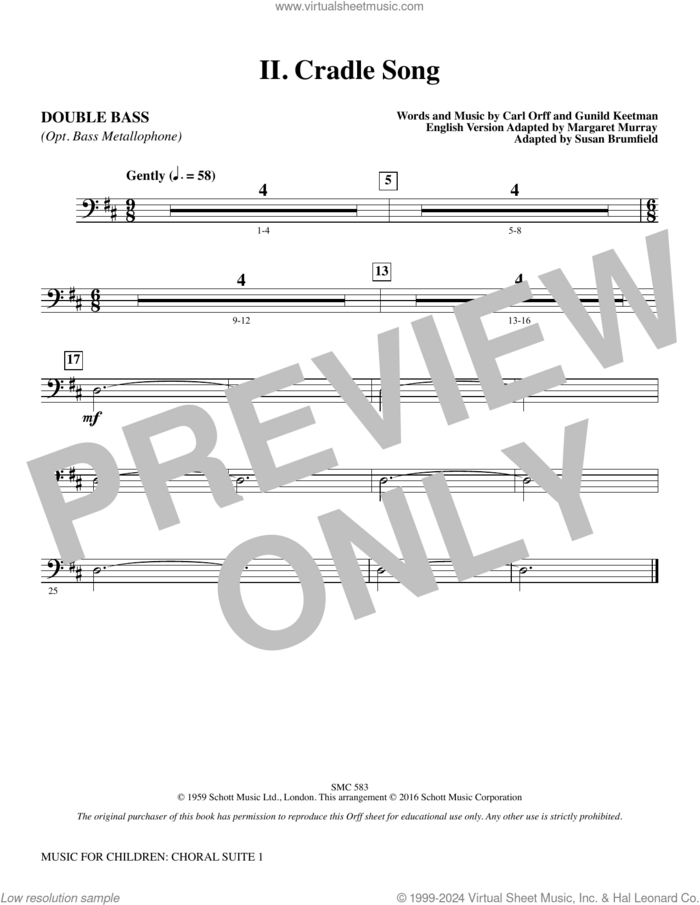 Music for Children (arr. Susan Brumfield) sheet music for orchestra/band (double bass) by Carl Orff and Susan Brumfield, intermediate skill level