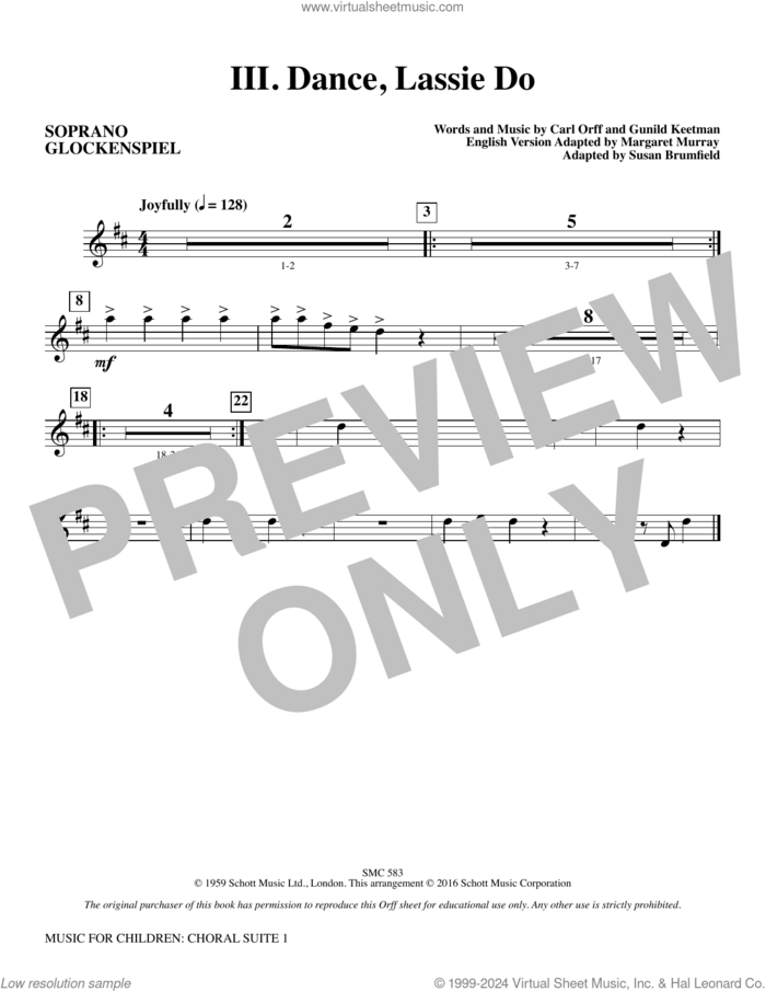 Music for Children (arr. Susan Brumfield) sheet music for orchestra/band (soprano glockenspiel) by Carl Orff and Susan Brumfield, intermediate skill level