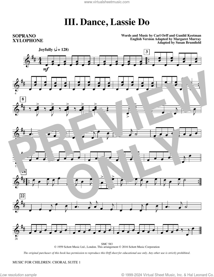 Music for Children (arr. Susan Brumfield) sheet music for orchestra/band (soprano xylophone) by Carl Orff and Susan Brumfield, intermediate skill level