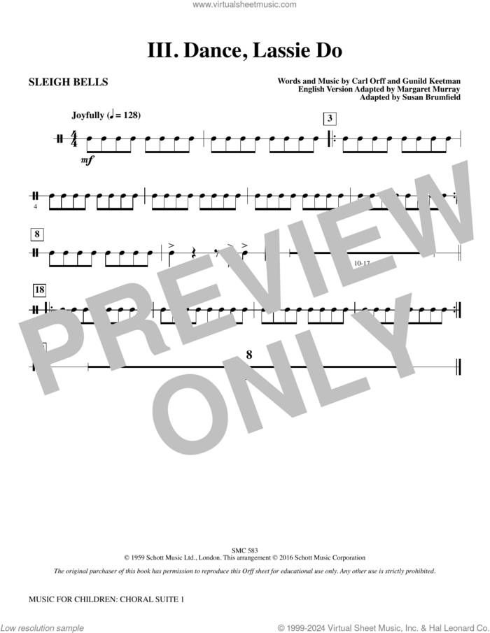 Music for Children (arr. Susan Brumfield) sheet music for orchestra/band (sleigh bells) by Carl Orff and Susan Brumfield, intermediate skill level