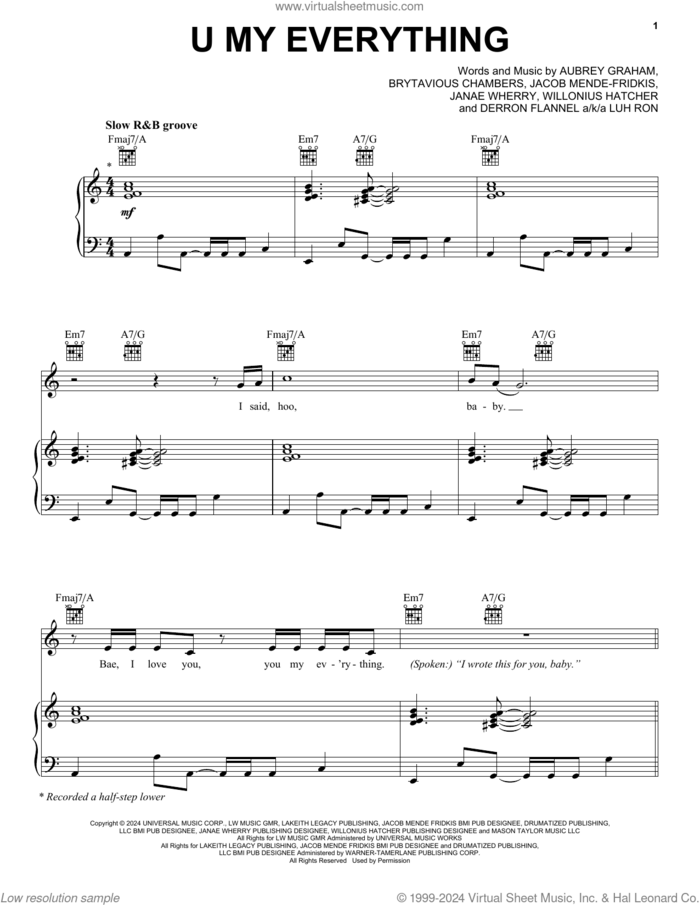 U My Everything sheet music for voice, piano or guitar by Sexyy Red & Drake, Aubrey Graham, Brytavious Chambers, Derron Flannel aka Luh Ron, Jacob Mende-Fridkis, Janae Wherry and Willonius Hatcher, intermediate skill level