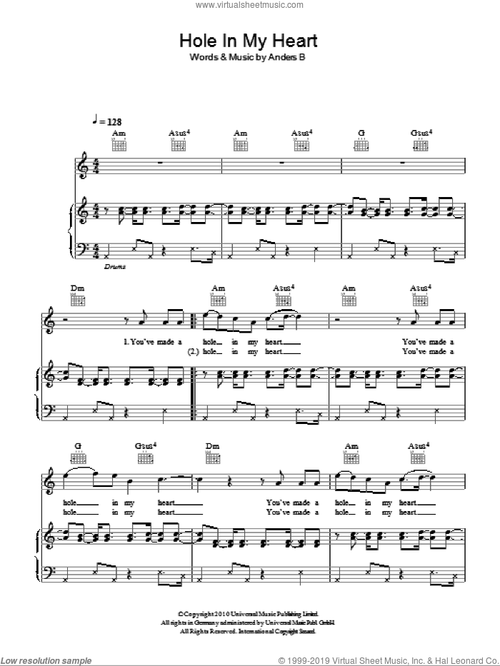 Hole In My Heart sheet music for voice, piano or guitar by Alphabeat and Anders B, intermediate skill level