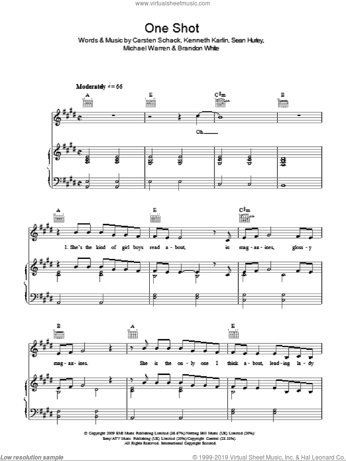 One Shot sheet music for voice, piano or guitar by JLS, Brandon White, Carsten Schack, Kenneth Karlin, Michael Warren and Sean Hurley, intermediate skill level