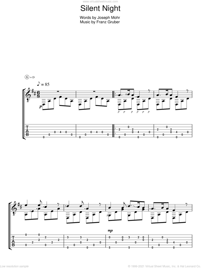 Silent Night sheet music for guitar (tablature) by Joseph Mohr and Franz Gruber, intermediate skill level