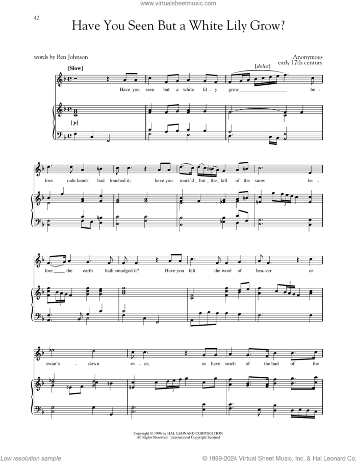 Have You Seen But A White Lily Grow? (High Voice) sheet music for voice and piano (High Voice) by Early 17th Century melody, Richard Walters, Steven Stolen and Ben Johnson, classical score, intermediate skill level