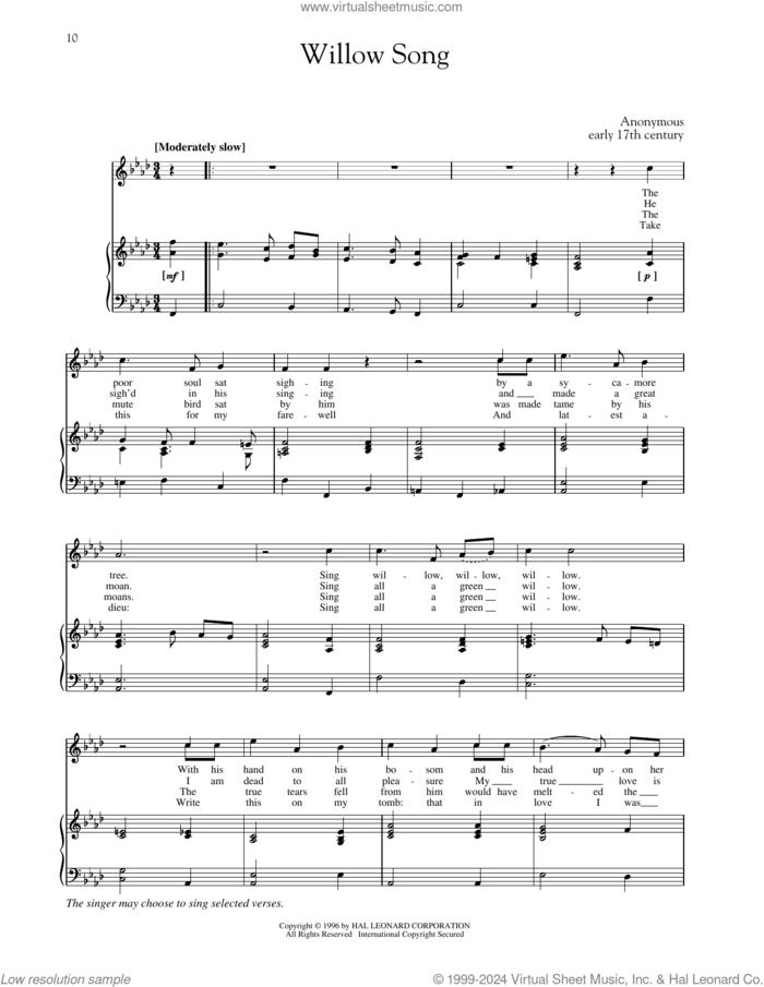 The Willow Song (High Voice) sheet music for voice and piano (High Voice) by Anonymous, Richard Walters and Steven Stolen, classical score, intermediate skill level
