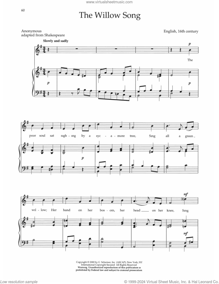 The Willow Song sheet music for voice and piano by Anonymous and Joan Frey Boytim, classical score, intermediate skill level