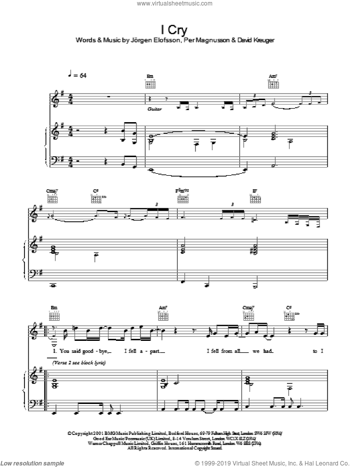I Cry sheet music for voice, piano or guitar by Westlife, David Kreuger, Jorgen Elofsson and Per Magnusson, intermediate skill level