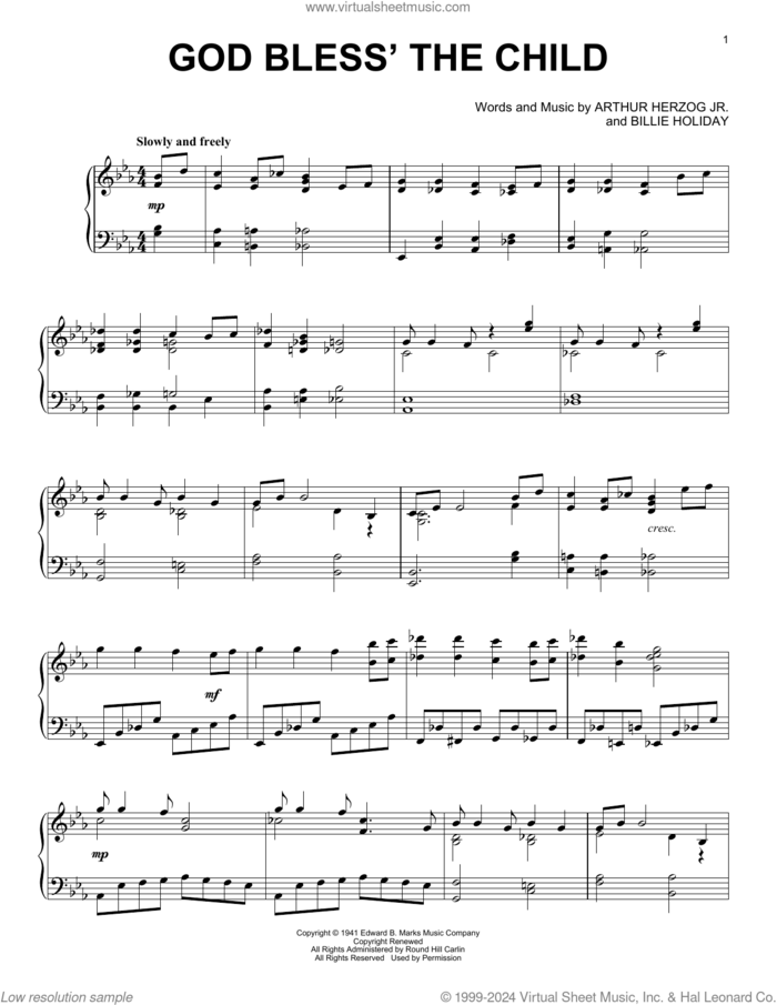 God Bless' The Child sheet music for piano solo by Billie Holiday and Arthur Herzog Jr., intermediate skill level