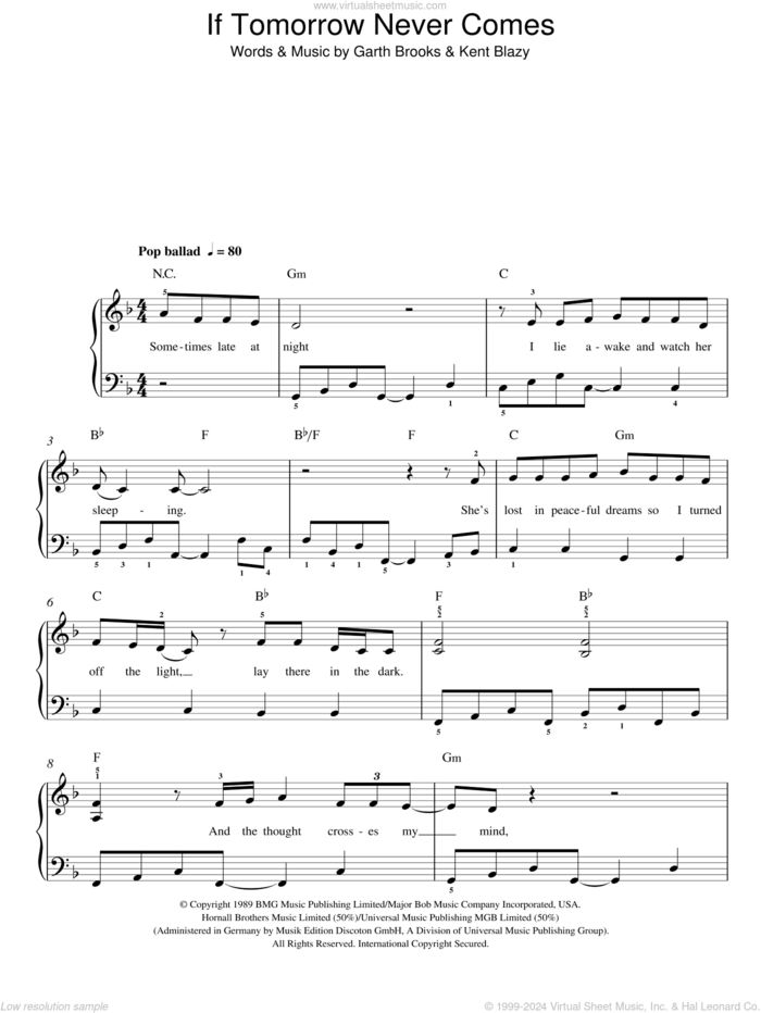 If Tomorrow Never Comes sheet music for piano solo by Garth Brooks and Kent Blazy, easy skill level
