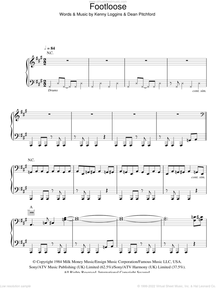 Footloose sheet music for voice, piano or guitar by Kenny Loggins and Dean Pitchford, intermediate skill level