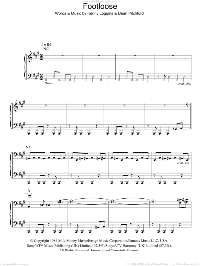 Footloose sheet music for voice, piano or guitar by Kenny Loggins and Dean Pitchford, intermediate skill level