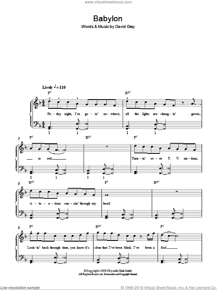 Babylon sheet music for piano solo by David Gray, easy skill level