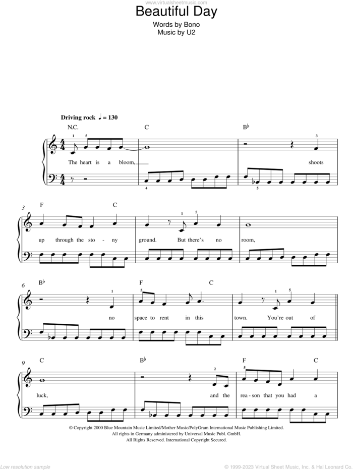 Beautiful Day, (easy) sheet music for piano solo by U2 and Bono, easy skill level