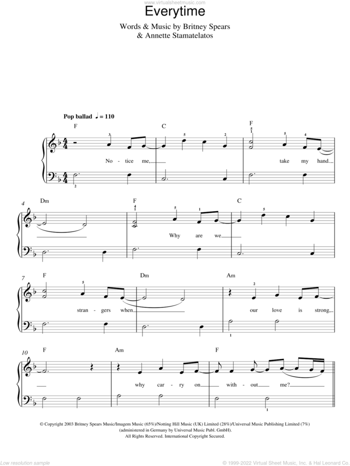 Everytime sheet music for piano solo by Britney Spears and Annette Stamatelatos, easy skill level