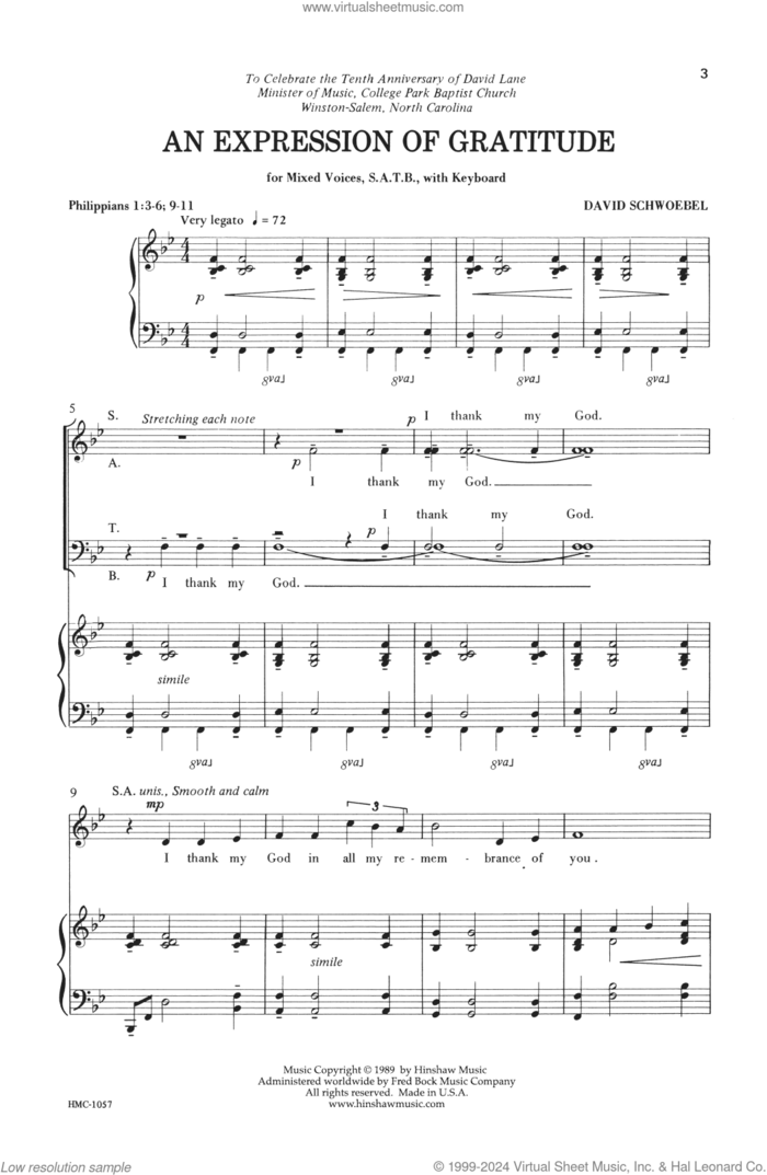 An Expression Of Gratitude sheet music for choir (SATB: soprano, alto, tenor, bass) by David Schwoebel, intermediate skill level