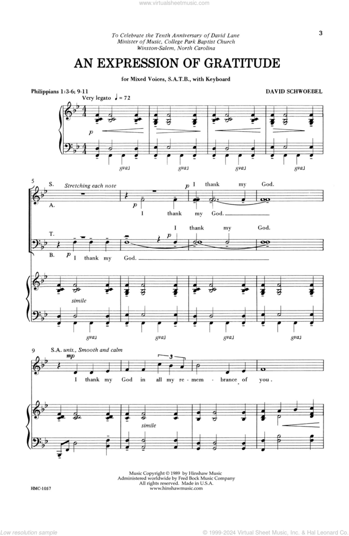 An Expression Of Gratitude sheet music for choir (SATB: soprano, alto, tenor, bass) by David Schwoebel, intermediate skill level