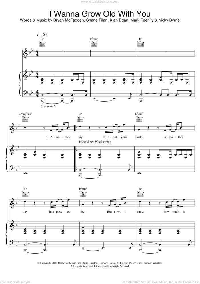 I Wanna Grow Old With You sheet music for voice, piano or guitar by Westlife and Brian McFadden, intermediate skill level