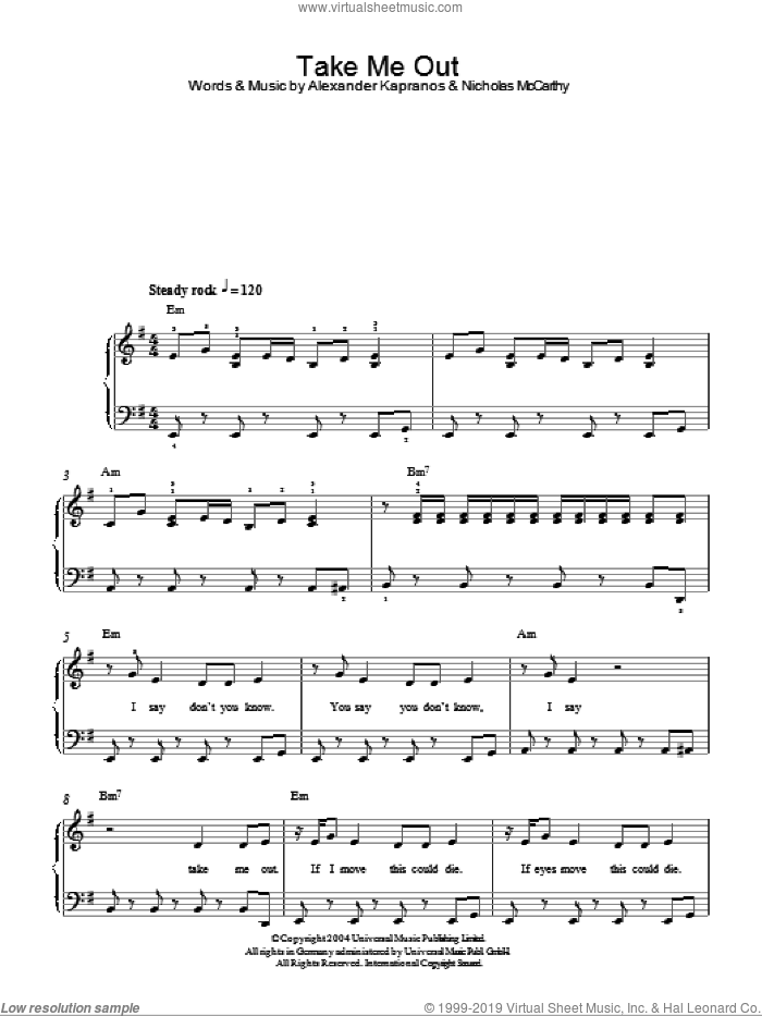 Take Me Out sheet music for piano solo by Franz Ferdinand, Alexander Kapranos and Nicholas McCarthy, easy skill level