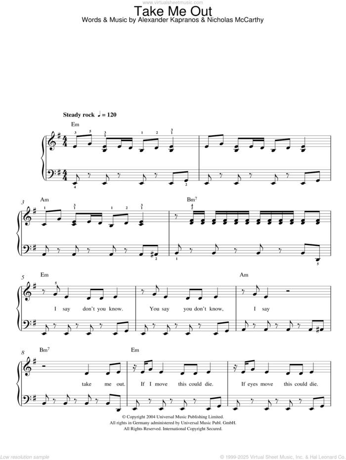 Take Me Out sheet music for piano solo by Franz Ferdinand, Alexander Kapranos and Nicholas McCarthy, easy skill level