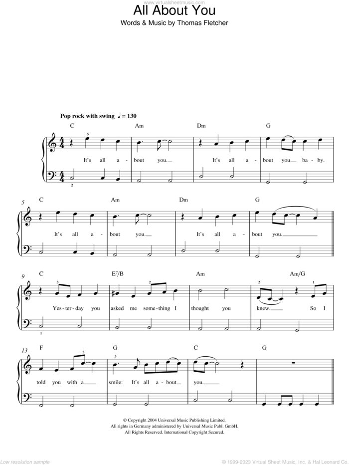 All About You sheet music for piano solo by McFly and Thomas Fletcher, easy skill level