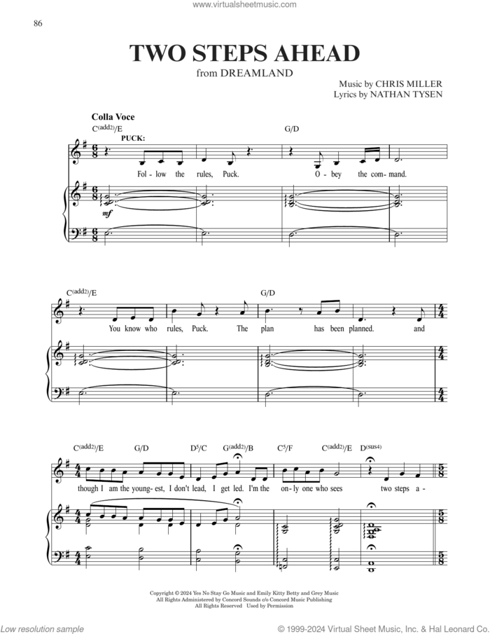 Two Steps Ahead (from Dreamland) sheet music for voice and piano by Chris Miller & Nathan Tysen, Chris Miller and Nathan Tysen, intermediate skill level