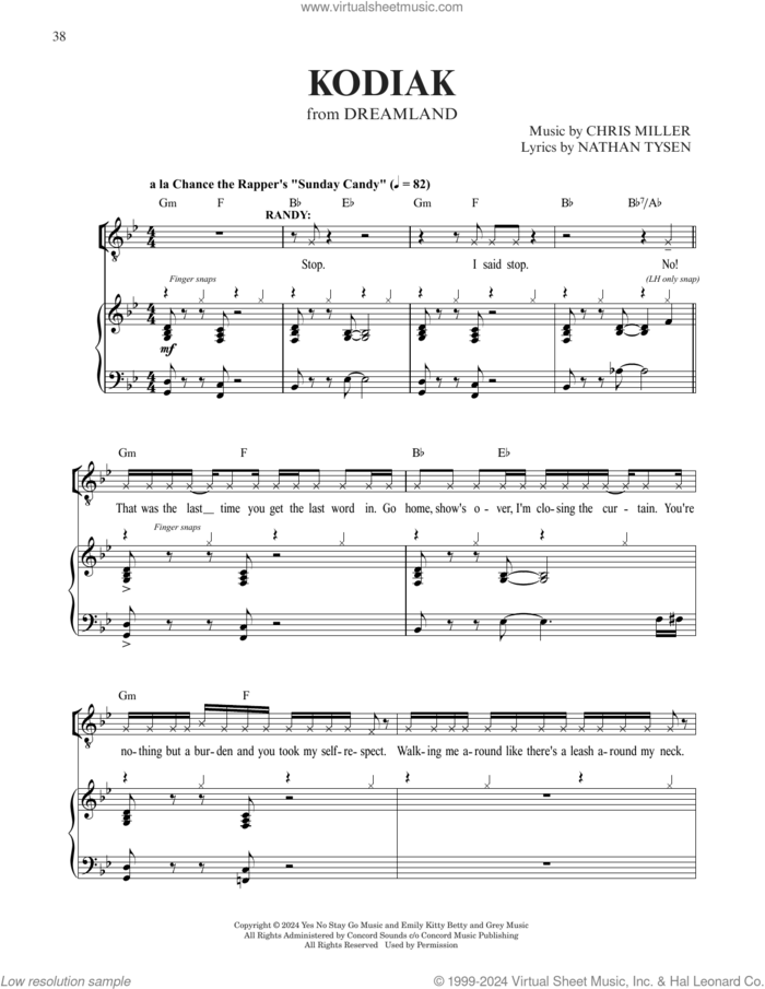 Kodiak (from Dreamland) sheet music for voice and piano by Chris Miller & Nathan Tysen, Chris Miller and Nathan Tysen, intermediate skill level