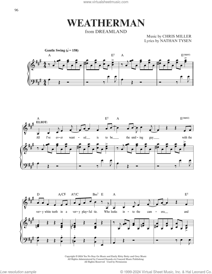 Weatherman (from Dreamland) sheet music for voice and piano by Chris Miller & Nathan Tysen, Chris Miller and Nathan Tysen, intermediate skill level