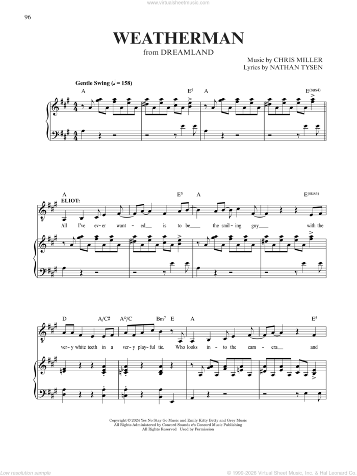 Weatherman (from Dreamland) sheet music for voice and piano by Nathan Tysen, Chris Miller and Chris Miller & Nathan Tysen, intermediate skill level