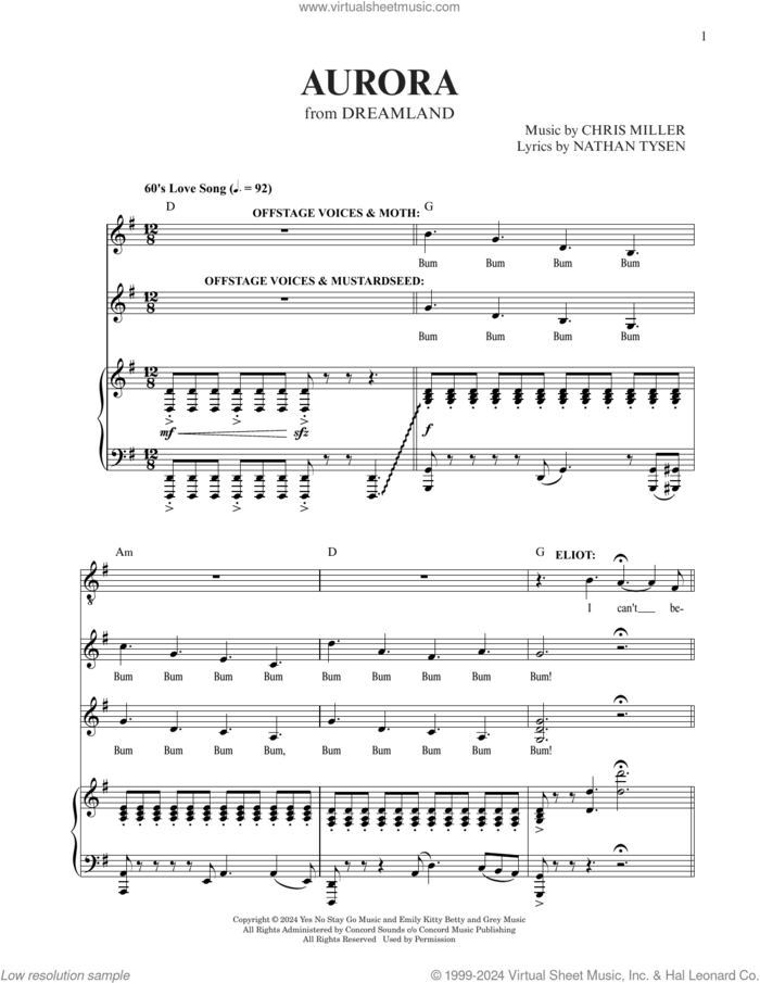 Aurora (from Dreamland) sheet music for voice and piano by Chris Miller & Nathan Tysen, Chris Miller and Nathan Tysen, intermediate skill level