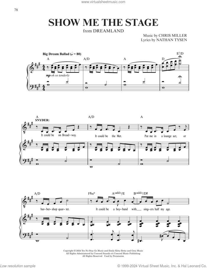 Show Me The Stage (from Dreamland) sheet music for voice and piano by Chris Miller & Nathan Tysen, Chris Miller and Nathan Tysen, intermediate skill level