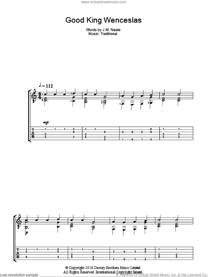 Good King Wenceslas sheet music for guitar (tablature) by John Mason Neale, intermediate skill level