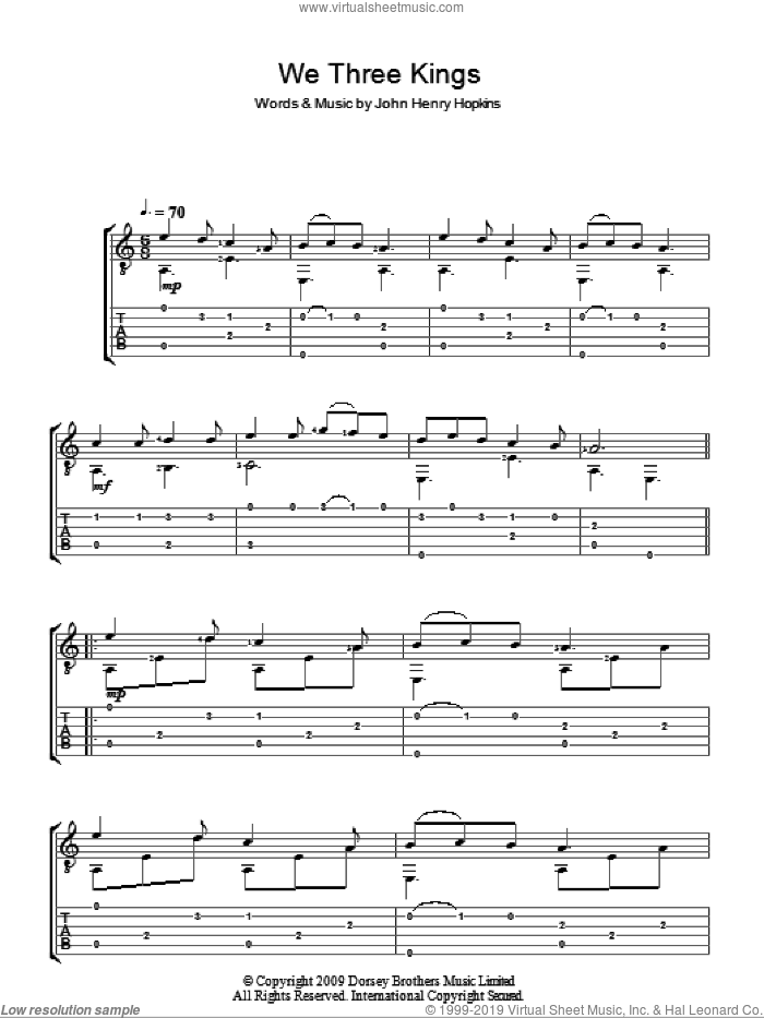 We Three Kings Of Orient Are sheet music for guitar (tablature) by John H. Hopkins, Jr., intermediate skill level