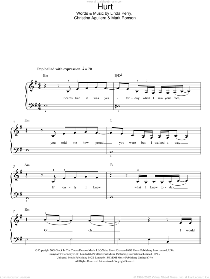 Hurt sheet music for piano solo by Christina Aguilera, Linda Perry and Mark Ronson, easy skill level