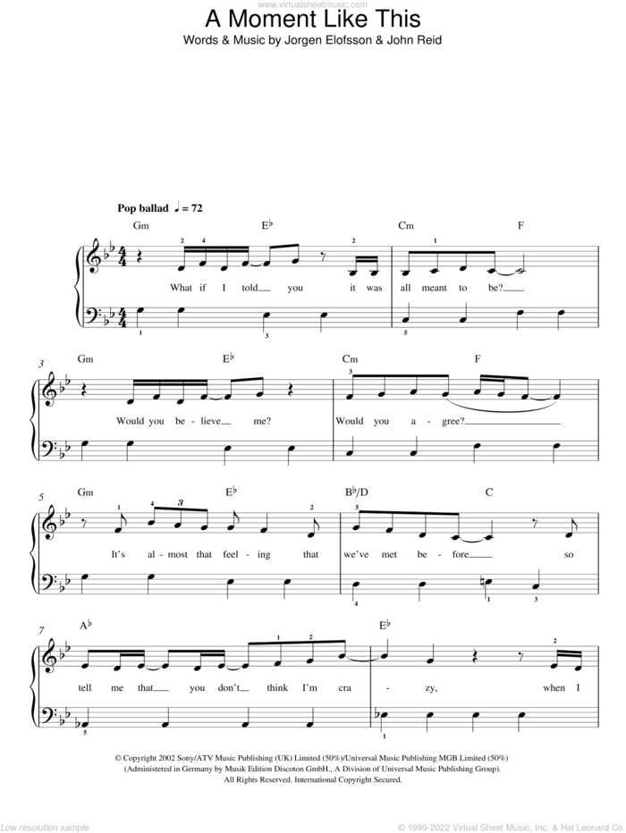 A Moment Like This sheet music for piano solo by Leona Lewis, John Reid and Jorgen Elofsson, easy skill level
