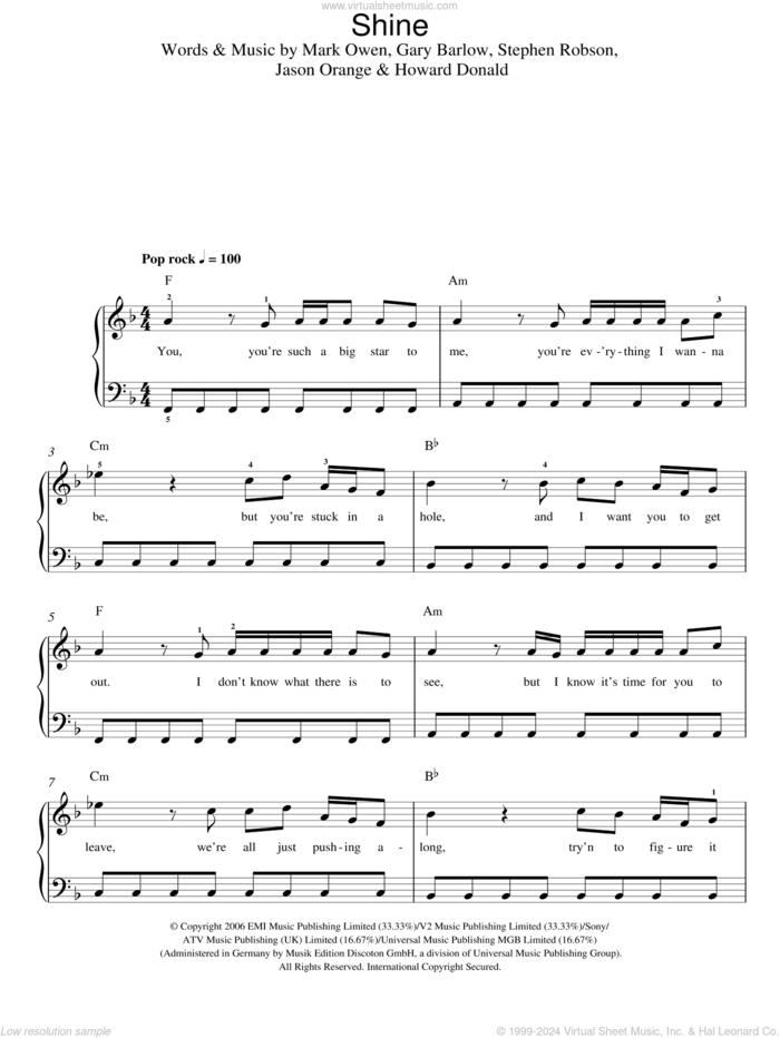 Shine sheet music for piano solo by Take That, Gary Barlow, Howard Donald, Jason Orange, Mark Owen and Steve Robson, easy skill level