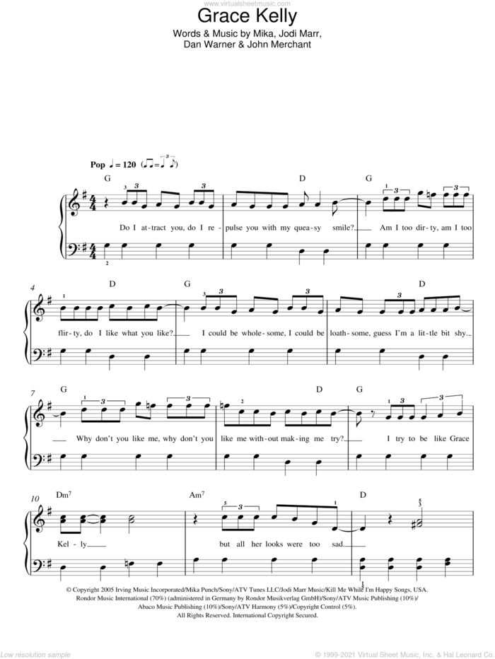 Grace Kelly sheet music for piano solo by Mika, Dan Warner, Jodi Marr and John Merchant, easy skill level
