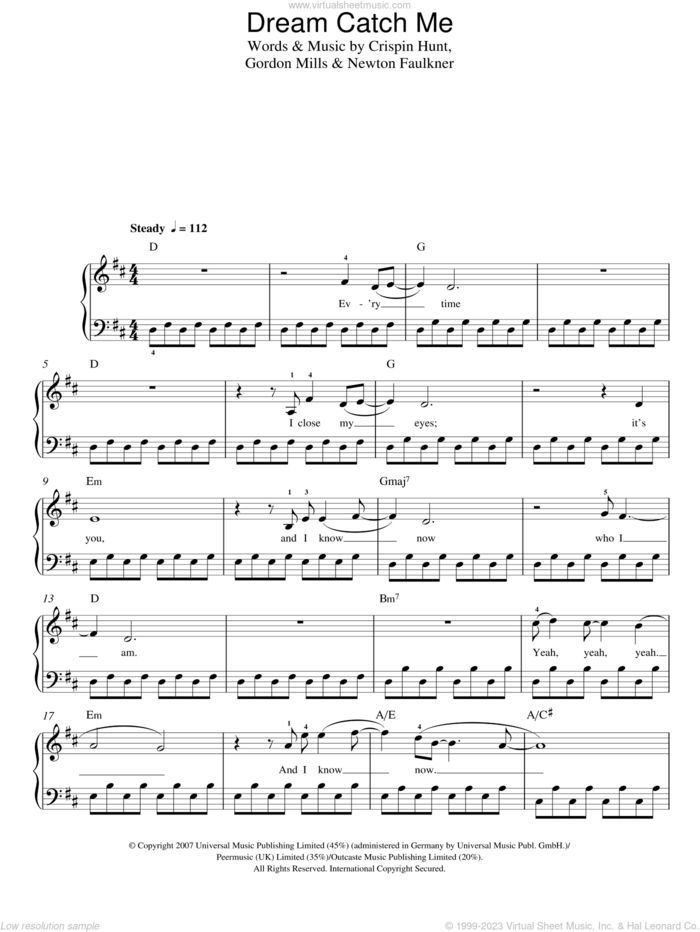 Dream Catch Me sheet music for piano solo by Newton Faulkner, Crispin Hunt and Gordon Mills, easy skill level
