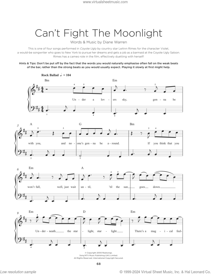 Can't Fight The Moonlight sheet music for piano solo by LeAnn Rimes and Diane Warren, beginner skill level