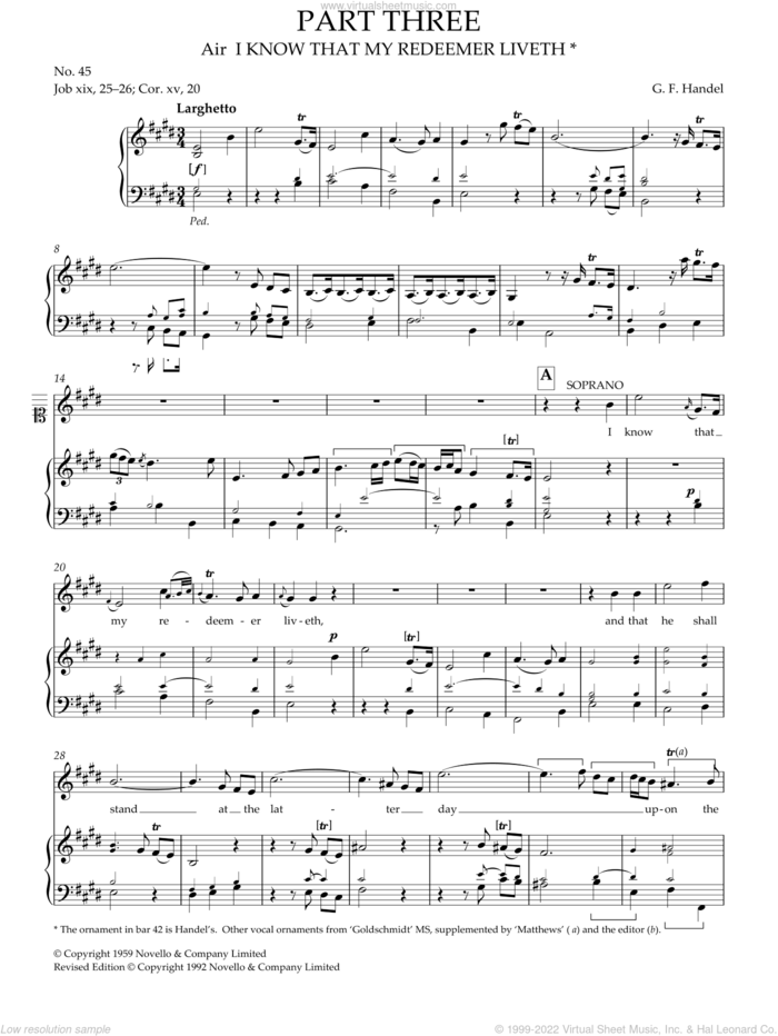 I Know That My Redeemer Liveth sheet music for choir (SATB: soprano, alto, tenor, bass) by George Frideric Handel, classical score, intermediate skill level