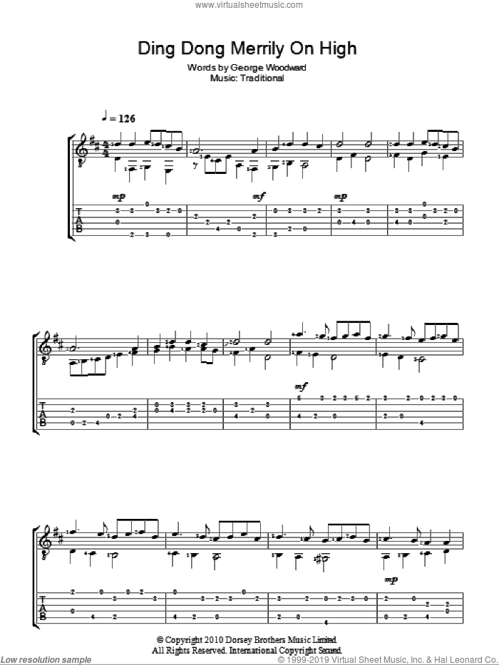 Ding Dong! Merrily On High! sheet music for guitar (tablature) by George Woodward and Miscellaneous, intermediate skill level