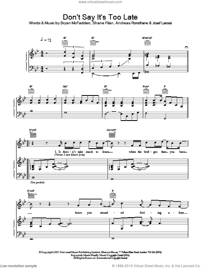 Don't Say It's Too Late sheet music for voice, piano or guitar by Westlife and Brian McFadden, intermediate skill level